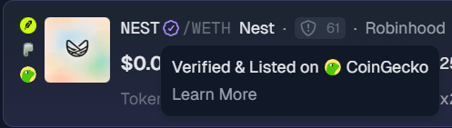 The image shows a CoinGecko listing page for the NEST/WETH token pair, displaying a "Verified & Listed on CoinGecko" badge with a "Learn More" link, confirming the token's status on the platform.

NEST is verified and listed on CoinGecko