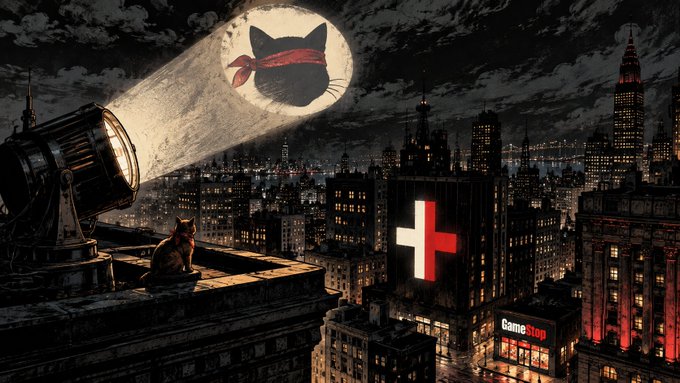 A stylized illustration of a cat in a red bandana projected in the sky above a Gotham-like cityscape with a GameStop building, with another cat watching from a rooftop spotlight.