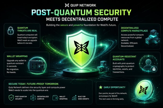 The image features a poster or infographic about Post Quantum Security, which explains that Quip Network is working on creating a new type of cryptocurrency called "Post Quantum Cryptography" (PostQuantumC). The poster highlights the importance of this new technology in securing online transactions and personal information. It also mentions that Quip Network is focusing on building a secure infrastructure for users to upgrade their accounts, ensuring they have access to the latest version of PostQuantumC when current cryptography becomes insufficient.