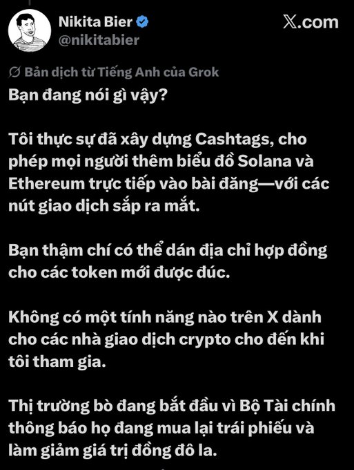 A Vietnamese-translated X post by Nikita Bier (@nikitabier) discussing his work building Cashtags to add Solana and Ethereum price charts to posts.