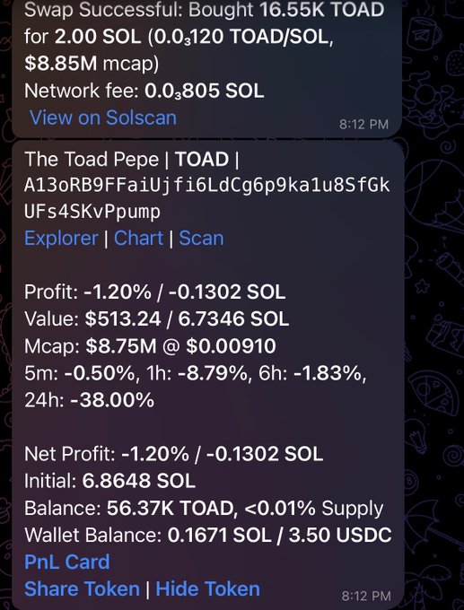 A trading notification showing a successful swap of 16.55K TOAD tokens for 2.00 SOL, displaying details including -1.20% profit, $513.24 value, $8.75M market cap, and a 24h change of -38.00%.