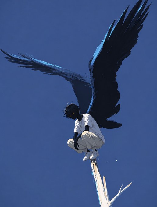 A shadowy figure with large dark wings crouches atop a weathered tree branch against a deep blue sky, evoking a surreal "good morning" with a haunting, angelic presence.