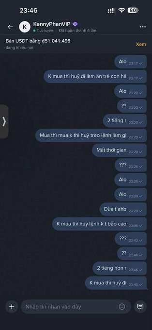 A Telegram chat screenshot in Vietnamese with user KennyPhanVIP showing an urgent exchange of messages about waiting for an order, with timestamps from 23:17 to 23:46 and a received USDT amount of 51,041.498 displayed.
