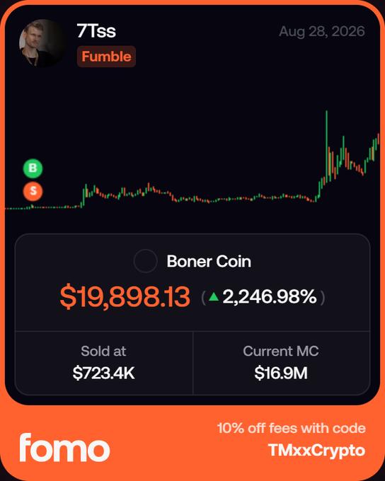 A social trading post from user '7Tss' labeled 'Fumble' showing a Boner Coin chart with a current price of $19,898.13, a 2,246.98% increase, sold at $723.4K, and current MC of $16.9M, with a Fomo promo code 'TMxxCrypto'.