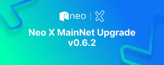 A gradient teal and blue banner featuring the Neo logo alongside an "X" symbol announces the "Neo X MainNet Upgrade v0.6.2." The image serves as the official visual header for the version 0.6.2 mainnet upgrade announcement, decorated with subtle angular line accents in the background.