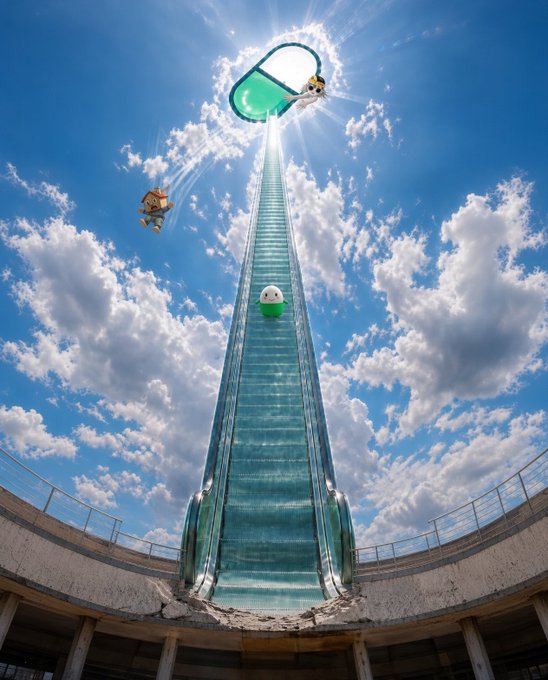 A towering, glass-like staircase ascends through a cloudy sky toward a glowing green pill-shaped portal at the top, where a determined character climbs while another peers from the clouds below, symbolizing the climb to ambitious heights.

This visually represents the post's message of perseverance and reaching the "$CUPSEY" milestone target of 100m, with the figure climbing skyward embodying the patience and determination needed to achieve this lofty goal.