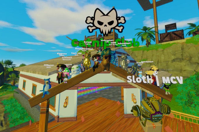 A colorful screenshot from a Roblox game titled 'Camp Club,' featuring multiple cartoon avatars gathered on a building rooftop, with a pirate skull and crossbones logo floating above and a 'Sloth | MCV' sign to the right.