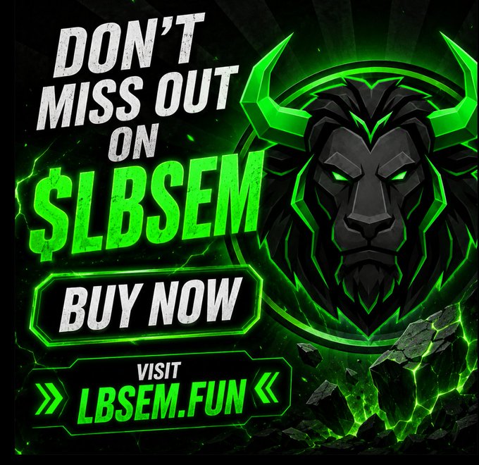 A bold promotional graphic featuring a fierce green-glowing lion emblem invites viewers to "DON'T MISS OUT ON $LBSEM" with a "BUY NOW" call-to-action and website "LBSEM.FUN," visually reinforcing the "Lion Bull" airdrop campaign described in the post by matching the $LBSEM ticker and branding theme.