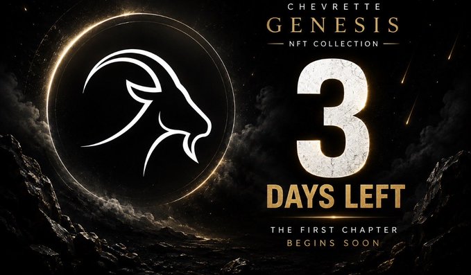 A dramatic cosmic-themed promotional graphic for the Chevrette Genesis NFT Collection, featuring a stylized goat head logo encircled by a glowing ring, with bold text reading "3 DAYS LEFT" and "THE FIRST CHAPTER BEGINS SOON" to emphasize the upcoming August 22nd launch.