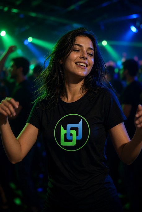 A young woman smiles and dances in a neon-lit club wearing a black t-shirt with a green and blue geometric logo, while a crowd is visible in the background.