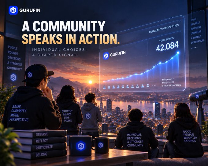 A promotional graphic for 'GURUFIN' with the tagline 'A COMMUNITY SPEAKS IN ACTION. INDIVIDUAL CHOICES. A SHARED SIGNAL.' showing people viewing a dashboard with 42,084 total tickets and an upward-trending chart at sunset.