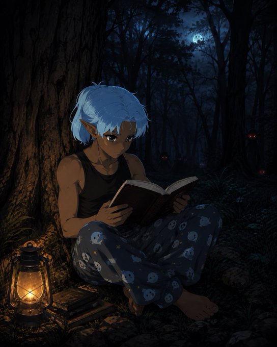 An anime-style character with light blue hair and pointed ears reads a book by lantern light while leaning against a tree in a dark forest at night, with glowing red eyes visible in the background.