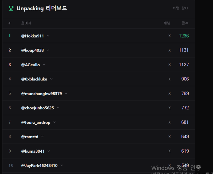 A Korean-language leaderboard titled 'Unpacking 리더보드' ranking users by channel, with @Hokka911 at #1 with 1236 points.