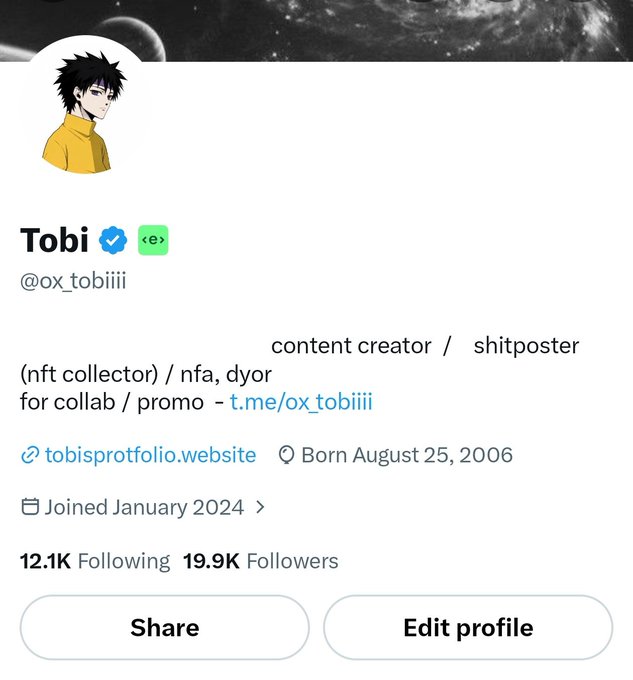 A Twitter profile page for "Tobi" (@ox_tobiiii) showing nearly 20K followers (19.9K), which aligns with the celebratory "20k today?" post suggesting the user is about to reach the 20,000 followers milestone.