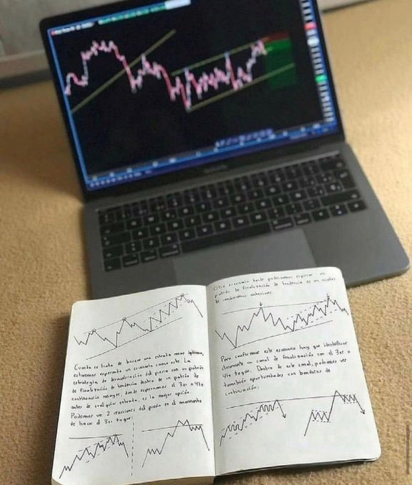 A notebook filled with handwritten notes and hand-drawn financial charts sits open on a desk, with a laptop displaying stock market graphs in the background.