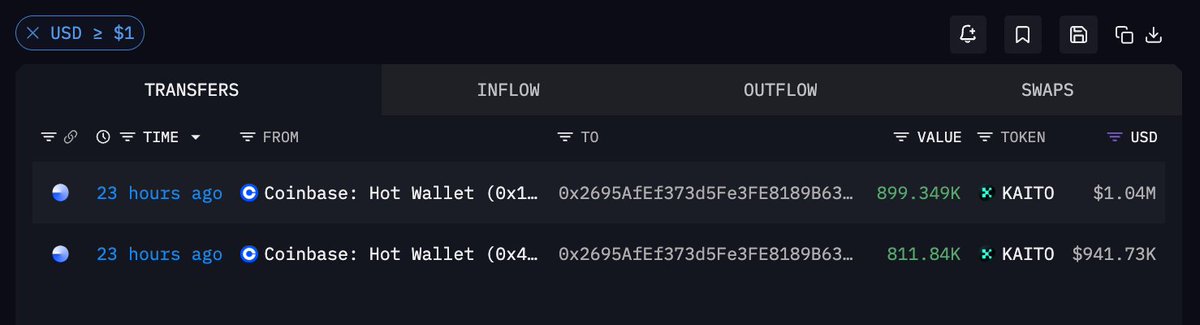 A crypto transaction tracker interface showing 'INFLOW' tab with two transfers of 'KAITO' tokens from 'Coinbase: Hot Wallet' valued at $1.04M and $941.73K USD.