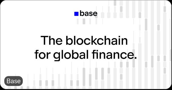 A minimalist graphic for 'base' blockchain, featuring the tagline 'The blockchain for global finance.' with a candlestick chart background.