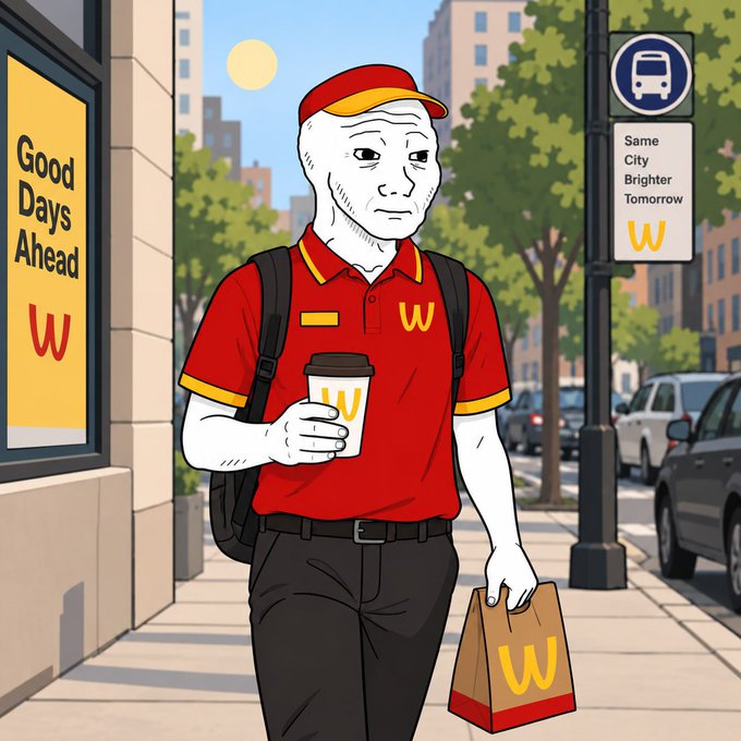 A cartoon-style illustration of a sad-looking character in a red Wendy's-style uniform holding a coffee cup and a takeout bag with a 'W' logo, standing on a city sidewalk near a poster reading 'Good Days Ahead'.