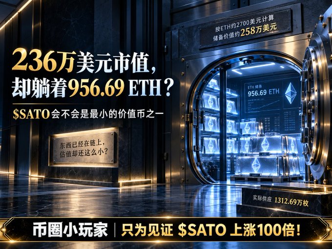 A promotional crypto graphic in gold and blue showing $SATO token with text '236万美元市值, 却躺着956.69 ETH?' (2.36M USD market value but lying on 956.69 ETH?), referencing ETH price around $2700 with reserve value of ~$2.58M.