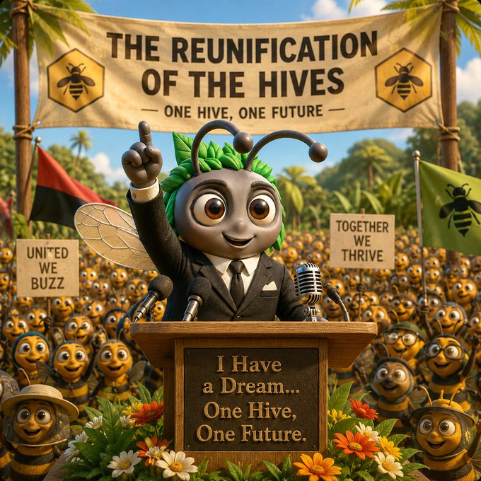 A 3D-rendered cartoon bee in a black suit and green leaf hair standing at a podium, with banners reading 'THE REUNIFICATION OF THE HIVES - ONE HIVE, ONE FUTURE' and signs saying 'UNITED WE BUZZ' and 'TOGETHER WE THRIVE' before a crowd of bees.