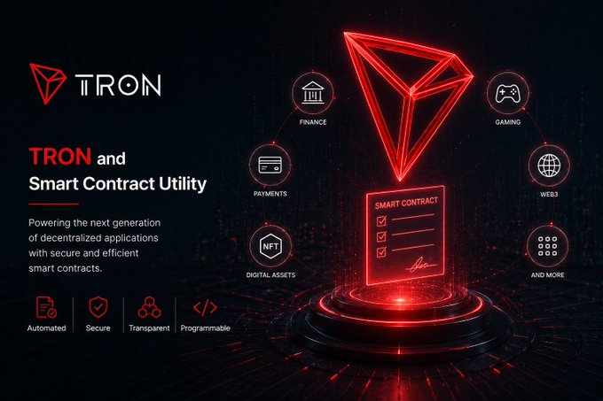 A promotional graphic for TRON highlighting its smart contract utility across finance, gaming, payments, Web3, digital assets, and more, featuring a glowing red TRX logo.