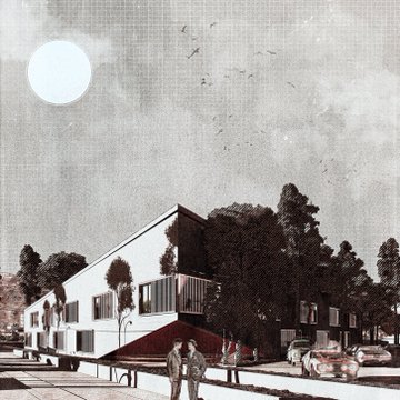 A stylized architectural rendering of a modern two-story white building with trees, a bright moon, and silhouetted figures, including cars and people, in a monochrome sepia tone.