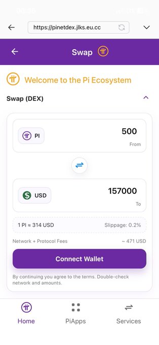 A mobile screenshot of a cryptocurrency swap interface showing '500 Pi' converting to '157000 USD' with a rate of '1 Pi = 314 USD' and a 'Connect Wallet' button.