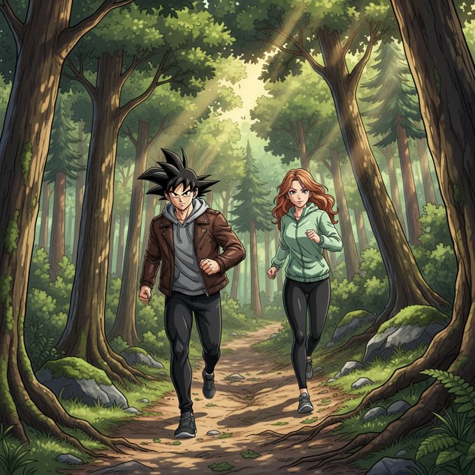 Anime-style illustration of a spiky-haired man in a brown jacket and a red-haired woman in a green hoodie jogging together through a sunlit forest path.