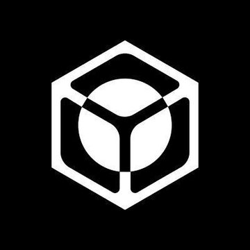 A minimalist white geometric logo on a black background, featuring a hexagonal shape with a circular element inside.