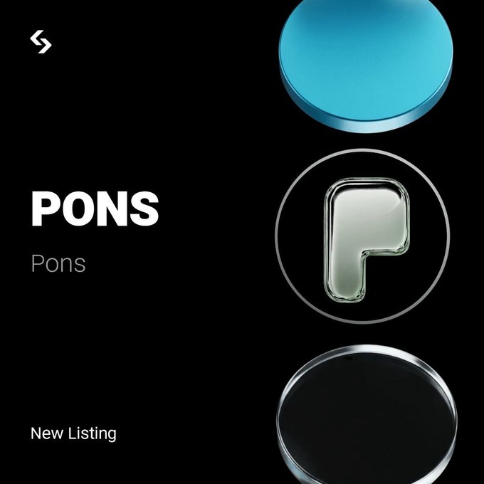A minimalist black promotional image showing the "PONS" token listing with a stylized glass-like letter "P" icon and "New Listing" text.
