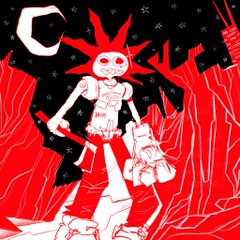 A stylized red, black, and white illustration of a skeletal figure with spiky hair and a "BORN TO WIN" shirt, holding objects against a starry background.