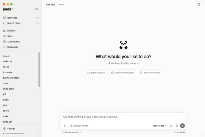 A screenshot of the 'anda' AI assistant interface featuring a panda logo, the prompt 'What would you like to do?', and a sidebar with options like 'New chat', 'Memory', and 'Skills'.