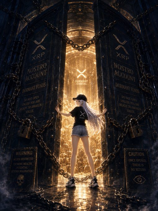 An artistic digital illustration of a girl with long white hair standing before large chained doors labeled 'XRP NOSTRO ACCOUNT DORMANT FUNDS DO NOT OPEN UNLESS YOU ARE READY TO AWAKEN VALUE'.
