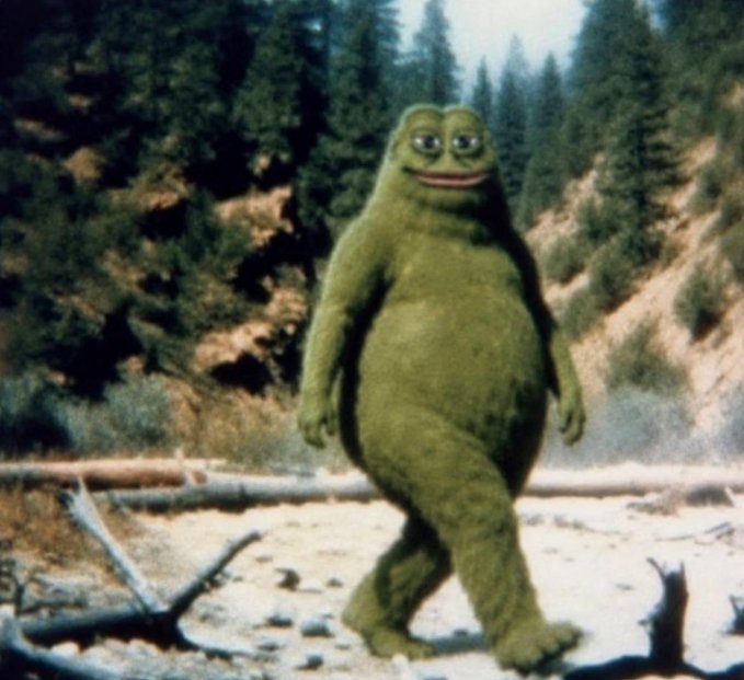 A green, humanoid creature standing upright on a rocky riverbank in a forested area, resembling a vintage movie still or meme image.
