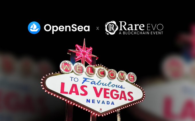 Promotional image featuring the OpenSea and Rare EVO logos above the iconic illuminated "Welcome to Fabulous Las Vegas, Nevada" sign, announcing a giveaway of free Pokémon cards at the Rare EVO blockchain event in Las Vegas.