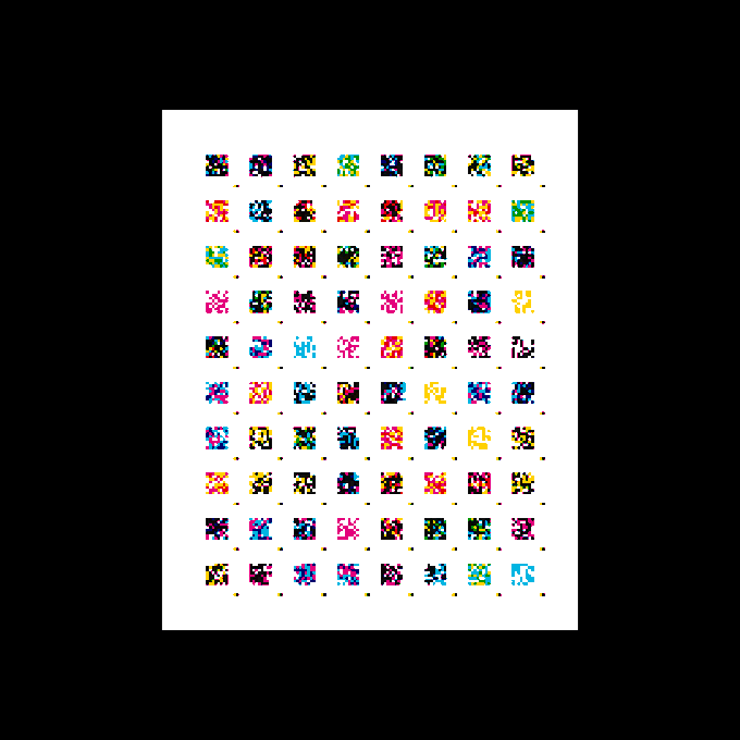 A pixel art poster displaying a grid of colorful Space Invaders-style alien characters on a white background.