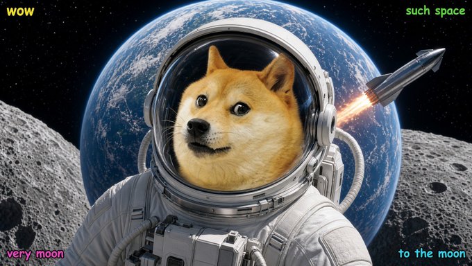 A meme featuring a Shiba Inu dog wearing an astronaut helmet with Earth and a rocket in the background, with text reading 'wow', 'such space', 'very moon', and 'to the moon'.