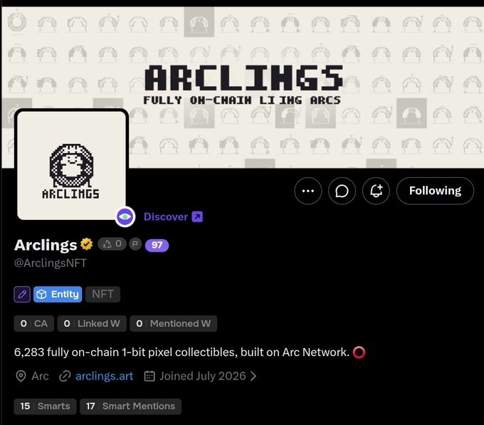 A screenshot of an NFT project profile for "Arclings" (@ArclingsNFT) on Arc Network, advertising "6,283 fully on-chain 1-bit pixel collectibles" with pixel art characters in the background.