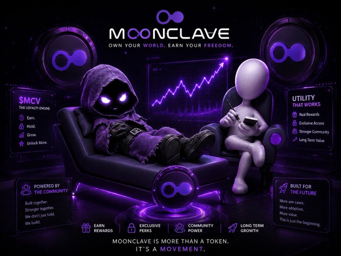 A promotional graphic for 'MOONCLAVE' featuring a hooded figure with glowing purple eyes sitting next to a white robot, with text reading 'OWN YOUR WORLD. EARN YOUR FREEDOM.'