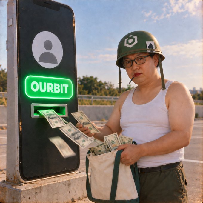 A man wearing a military-style helmet and tank top collects cash from an "OURBIT" ATM dispensing dollar bills into a bag, humorously illustrating the post's claim that Ourbit's "link in bio" is the only one that can actually make you money.