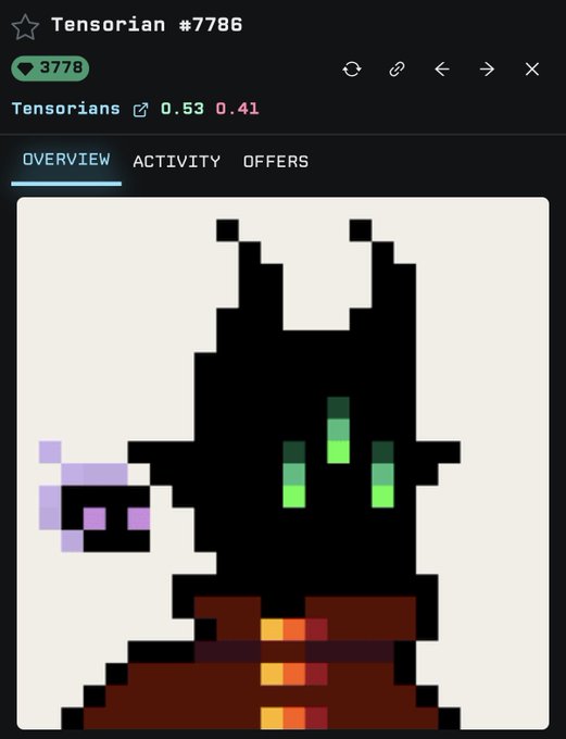 The image displays a digital interface for a pixel art NFT titled "Tensorian #7786," featuring a black, dragon-like character with green eyes and a brown robe, holding a purple staff, with a heart icon showing 3,778 likes and Tensorians values of 0.53 and 0.41, categorized under "OVERVIEW," "ACTIVITY," and "OFFERS" tabs.