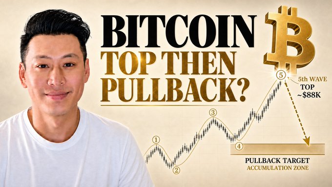 A YouTube thumbnail features a man alongside bold text reading "BITCOIN TOP THEN PULLBACK?" with a chart illustrating a five-wave Elliott Wave pattern predicting a top near $88K followed by a pullback to an accumulation zone, visually reinforcing the video's analysis of Bitcoin's potential peak and subsequent buying opportunity.