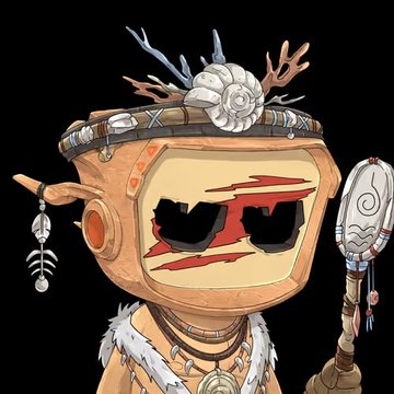 A stylized cartoon illustration of a tribal character with a box-like head featuring painted markings, wearing a headdress with antlers and a white rose, and holding a staff with a fish-bone ornament.