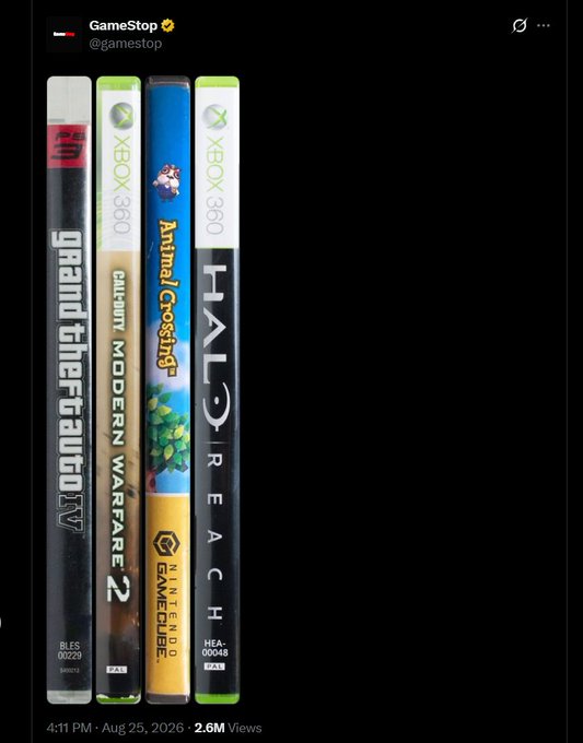 A GameStop tweet showing Xbox 360 game cases for Grand Theft Auto IV, Call of Duty Modern Warfare 2, Animal Crossing, and Halo Reach, posted at 4:11 PM on Aug 25, 2026, with 2.6M views.