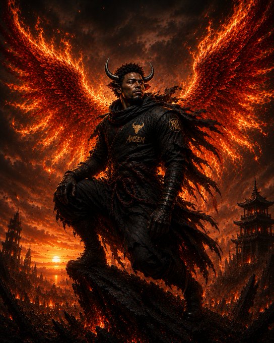 A dramatic dark fantasy image of a horned warrior in tattered black clothing standing on a rocky peak, with massive fiery phoenix wings spread behind him and a pagoda visible in the burning landscape below.