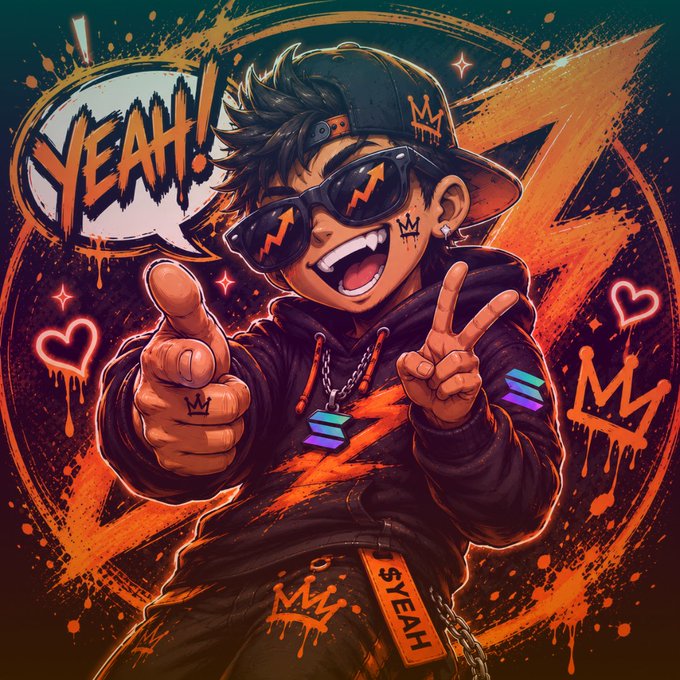 A cartoon character wearing sunglasses, a black cap, and a hoodie strikes a thumbs-up and peace sign pose with a "YEAH!" speech bubble, surrounded by graffiti-style crowns, hearts, and lightning bolts promoting the "$YEAH" memecoin on pump.fun. The vibrant orange and black street-art aesthetic, featuring dripping crown icons and a "YEAH" tag on the pants, visually reinforces the post's energetic call to join the community-driven crypto project.