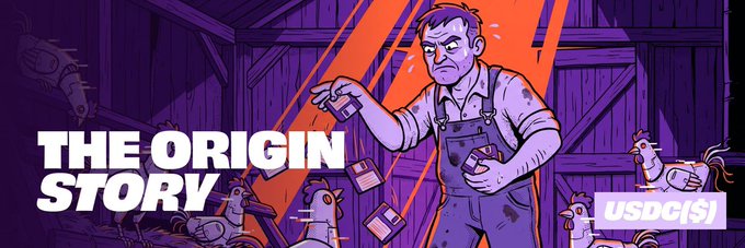 A purple and orange illustrated graphic titled 'THE ORIGIN STORY' shows a farmer with a chicken, alongside a 'USDC ($)' tag.
