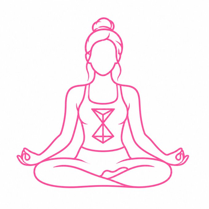 A pink line-art illustration of a woman in a yoga meditation pose (lotus position) with a geometric symbol on her chest.