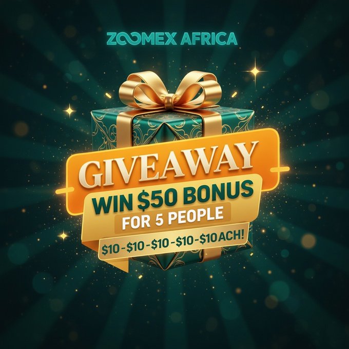 Zoomex Africa promotional giveaway graphic featuring a green gift box with gold ribbon, offering a $50 bonus for 5 people with a tagline of $10 - $10 - $10 - $10 - $10 ACH.