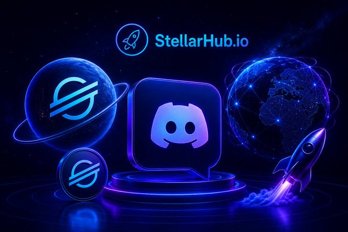 Promotional graphic for StellarHub.io featuring a Discord logo on a podium, flanked by Stellar cryptocurrency symbols, a globe, and a rocket against a dark blue cosmic background.